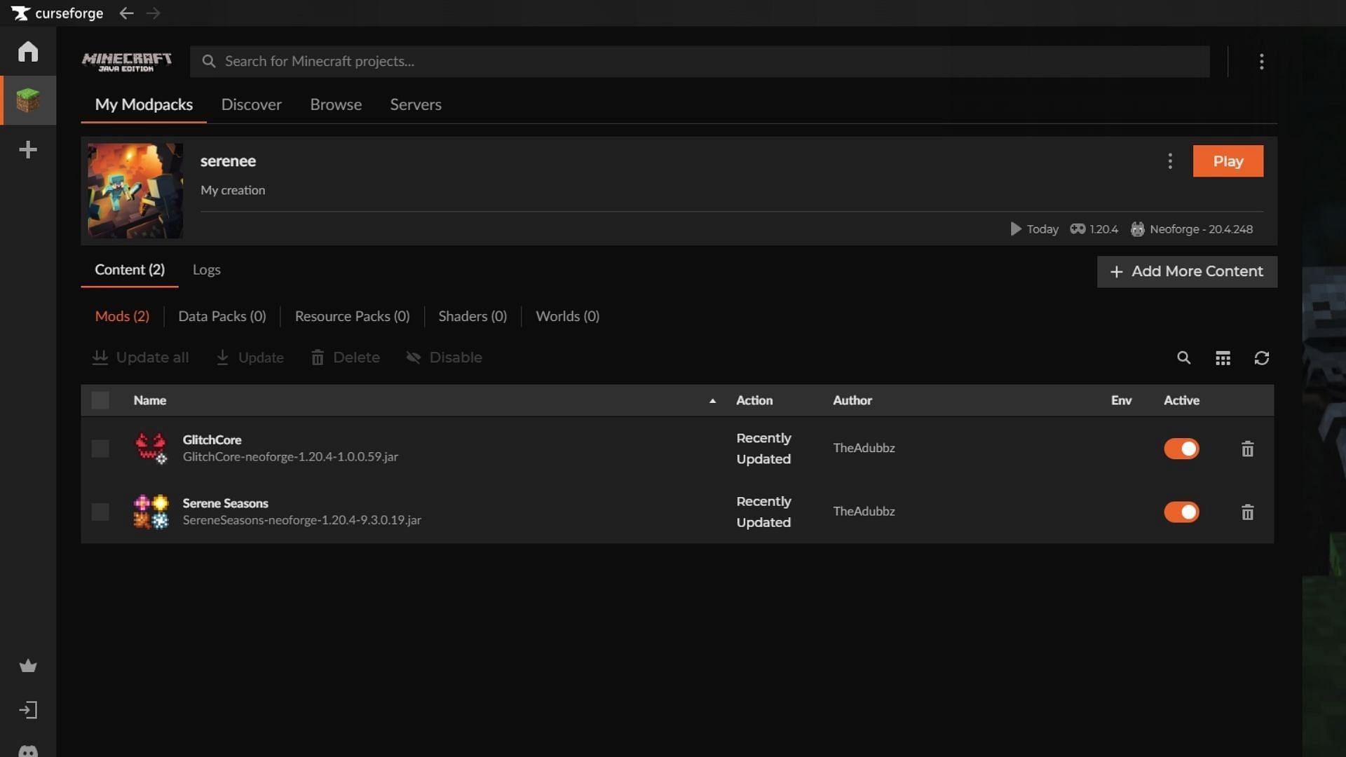 Use the Curseforge launcher to download and install the Minecraft Serene Seasons mod (Image via Sportskeeda Gaming || Mojang Studios/TheAdubbz)